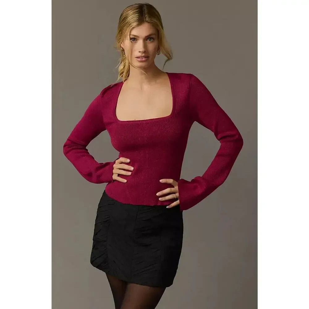 Anthropologie Magenta Square-Neck Knit Sweater